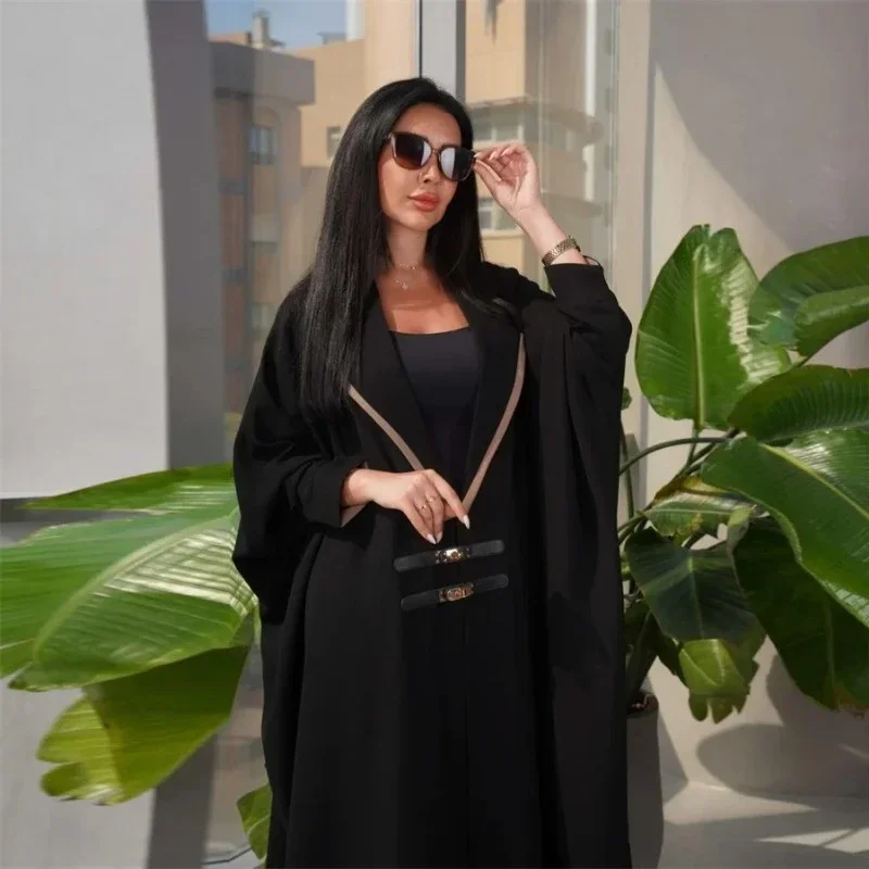 Fashion Muslim Woman Open Abayas Batwing Sleeve V-Neck Lapel Collar Urban Casual Dubai Moroccan Arabic Clothing 2024