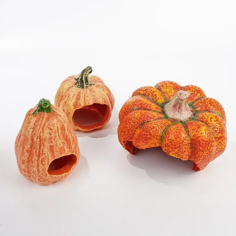 1Pcs Reptile Hideout Pumpkin Cave Resin PVC Shelter with Anti Slip Bottom for Leopard Gecko Snake Lizard Terrarium Decor