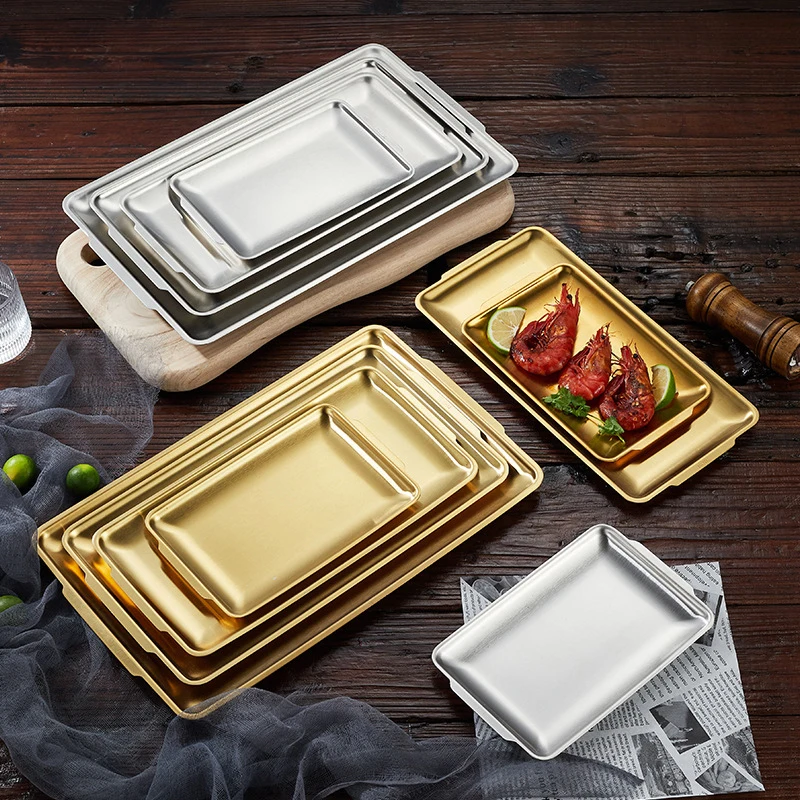 304 Stainless Steel Plate Rectangular Plate Golden Tray Craft Decoration Barbecue Plate Western Food Snack Plate Flat Plate