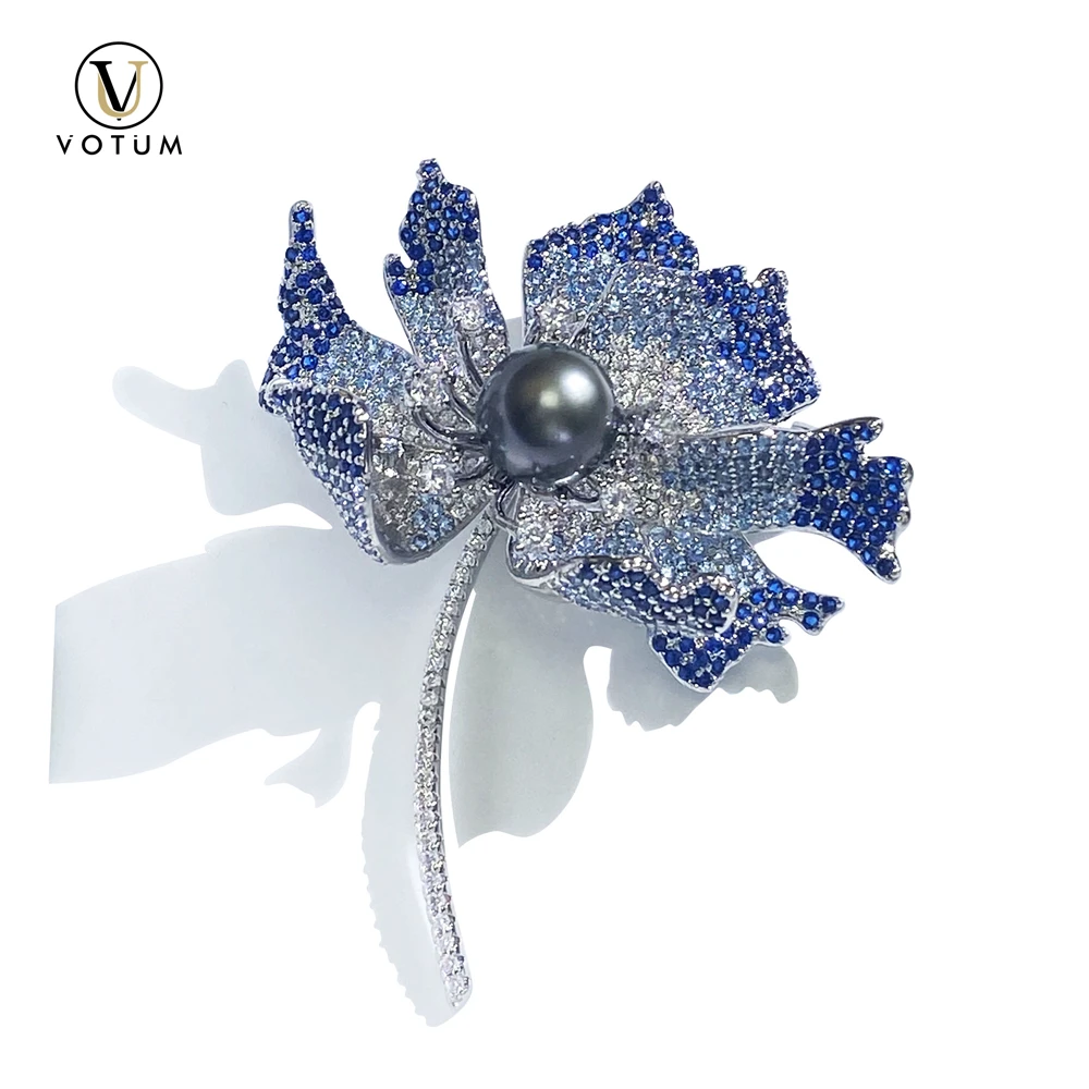 

Votum Cultured Black Pearl Flower Silver 925 Brooch Pin for Women Cubic Zicronia Pendant Handmade Fine Jewelry Anniversary Gift