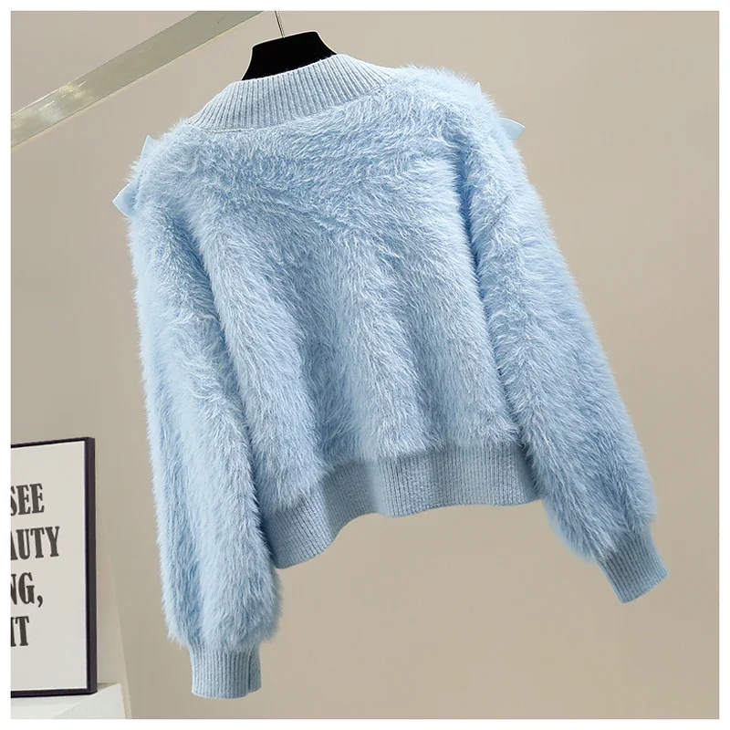 Luxury Women Diamonds Beads 3D Flowers Knitted Sweater Coat Mohair Crocheted Cardigan V-neck Mink Cashmere Kniwear OL Crop Tops