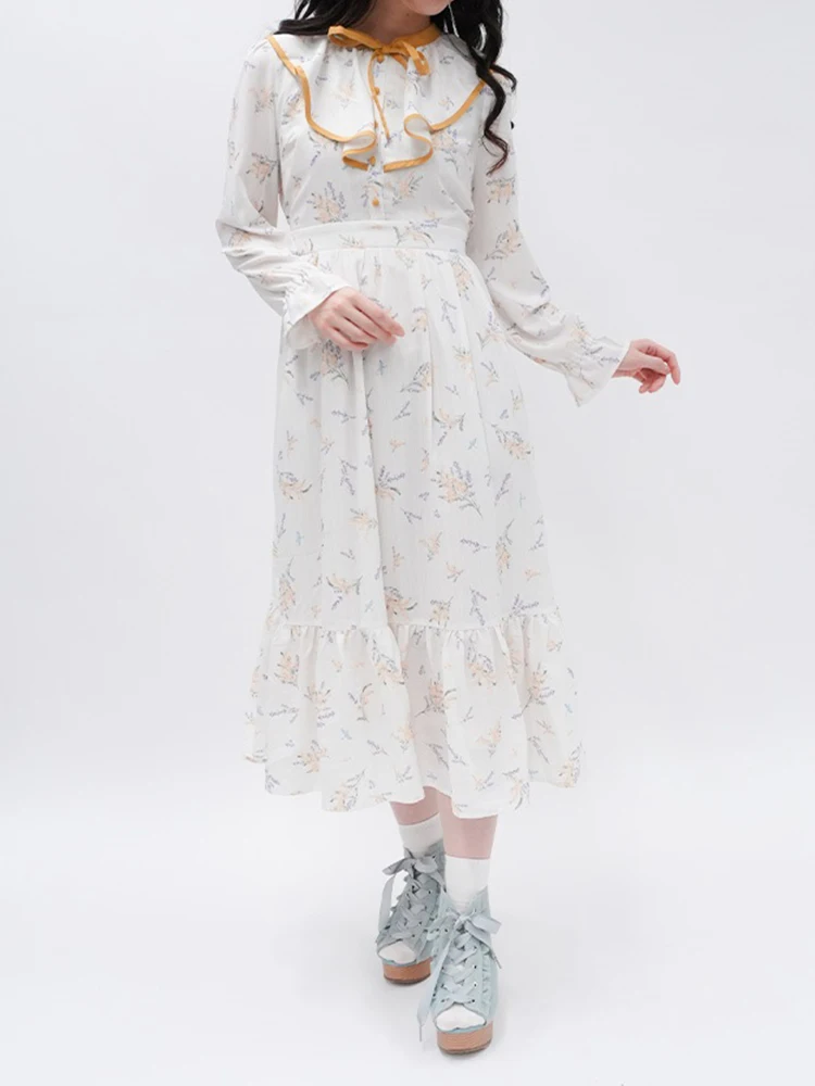

Shy Grass Lavender Pattern Women's Dress Soft Style Waist-Cinching Long Sleeve A-line Skirt Daily Wear Spring Season