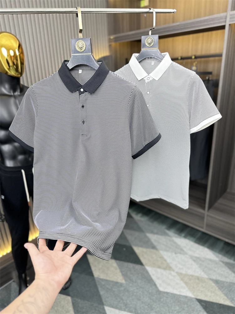 

Summer Men's Texture irt ort Sve Flip-Collar Breathable Striped Fabric Busin Casual Faion Urban Stand Fit