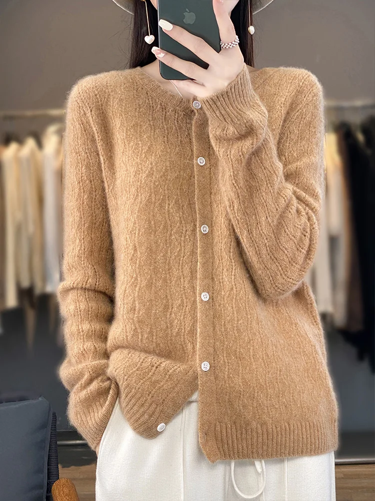 Spring Wool Cardigan Sweater Women Clothing Korean Fashion O-neck Long Sleeve Top Hollow Out Knitted Mujer Outerwear Pull Femme