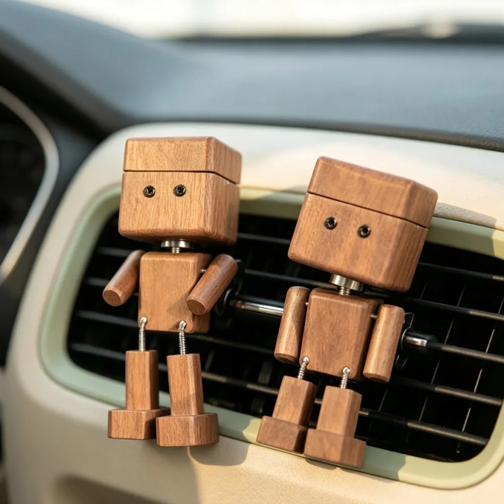 Wood Robot Car Interior Ornament Decor Mini Robot Car Air Freshener Diffuser Clip Car Vent Aroma Diffuser Ornament Desktop Decor
