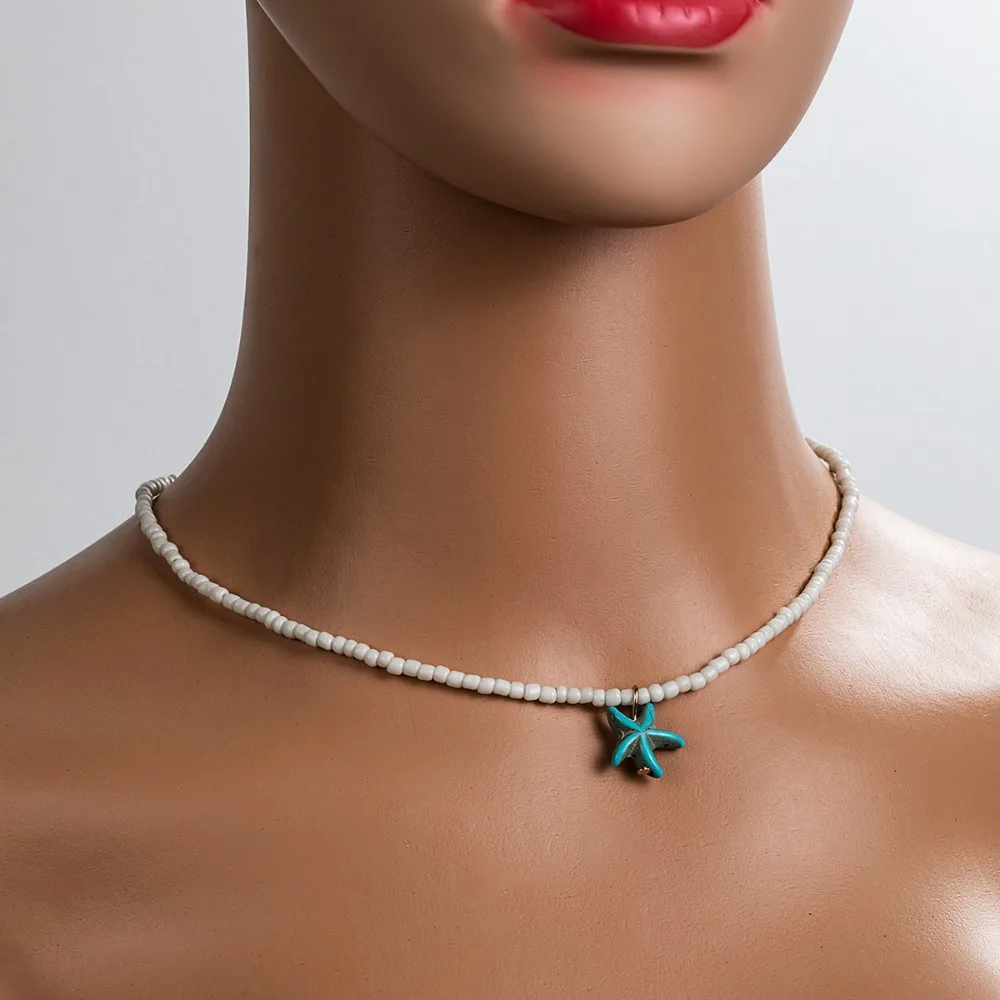 Boho Dopamine Green White Two-color Turquoise Beaded Starfish Pendant Adjustable Necklace for Women Beach Picnic Jewelry Gifts