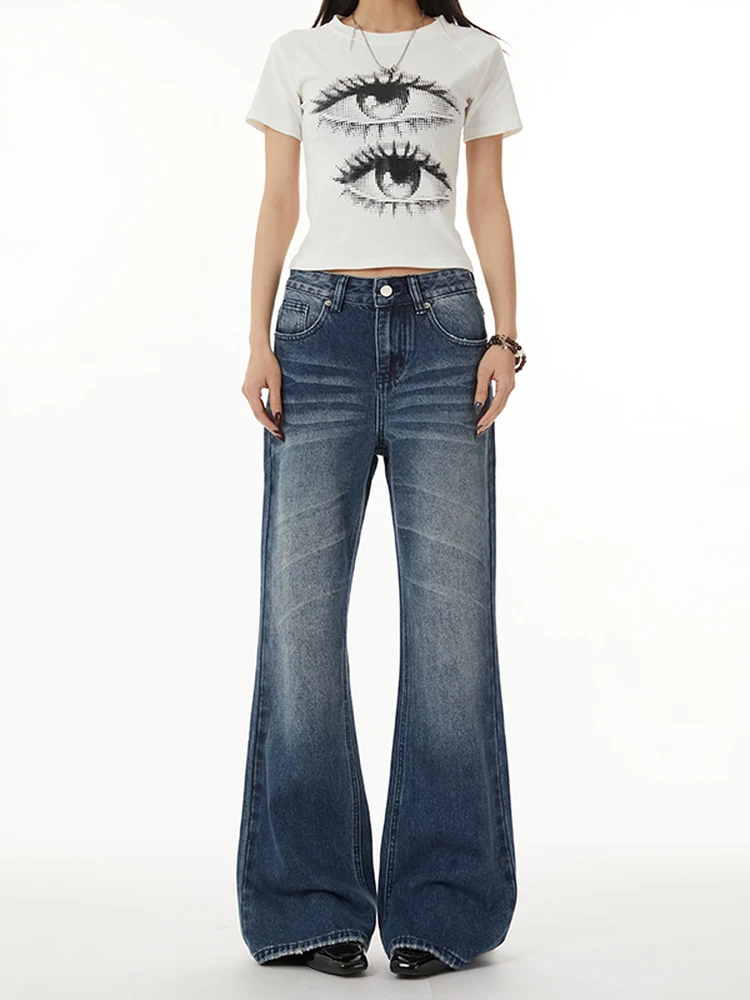 

Американские ретро-джинсы с низкой посадкой, расклешенные, женские, с эффектом потертости, свободные, стройнящие, в пол, повседневные, весенние, модные, джинсовые брюки-скинни