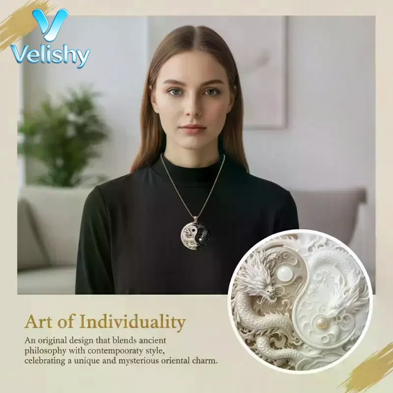 Yin Yang Twin Dragons Necklace Enamel Animal Pendant Aesthetic Mythical Choker Jewelry Gift For Women Girls Accessories