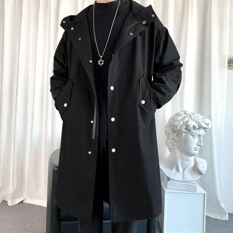 2024 Men\'s Windbreaker Jacket Long Trench Oversize Loose Streetwear Hooded Vintage Black Coats High Street Casual Male Outerwear