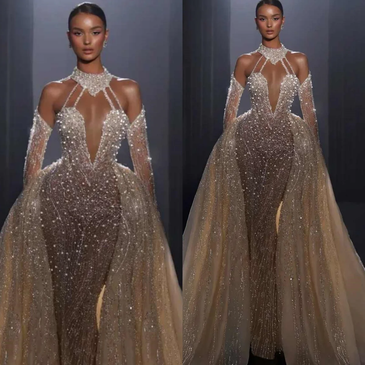 

Очаровательные вечерние платья русалки с высоким воротом и блестками, платья для выпускного со съемным шлейфом, жемчуг из бисера, для особых случаев, на заказ