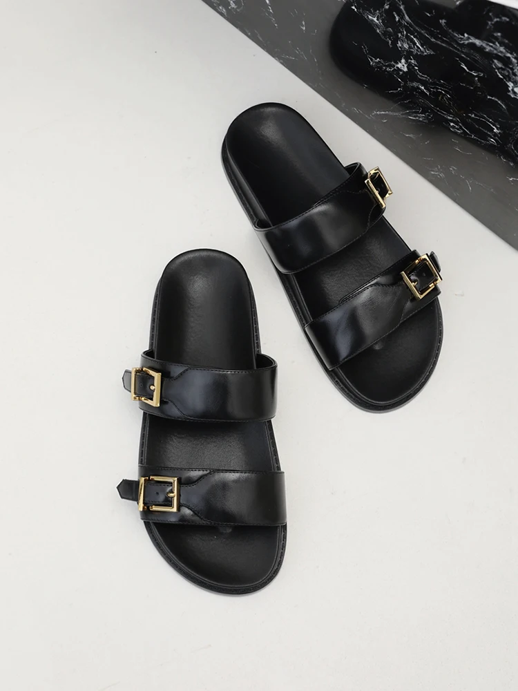 2024 New Spring Summer Women Fashion Genuine Leather Thick Sole Roman Sandals Simple Casual Beach Flat Shoes Female