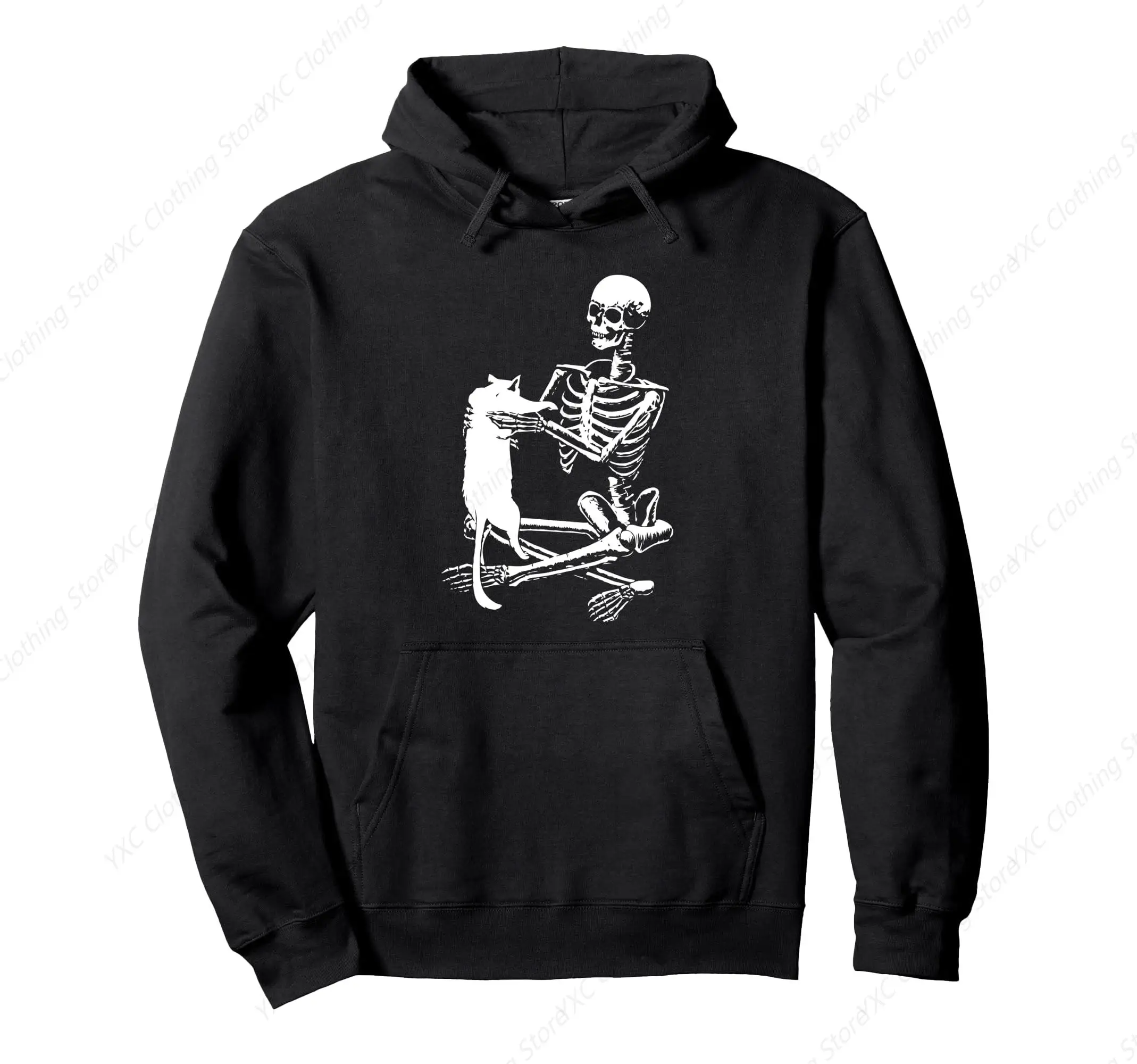 Skeleton Holding A Cat Shirt Lazy Halloween Costume Skull Pullover Hoodie Men's Women Vintage Sweatshirts Streetwear