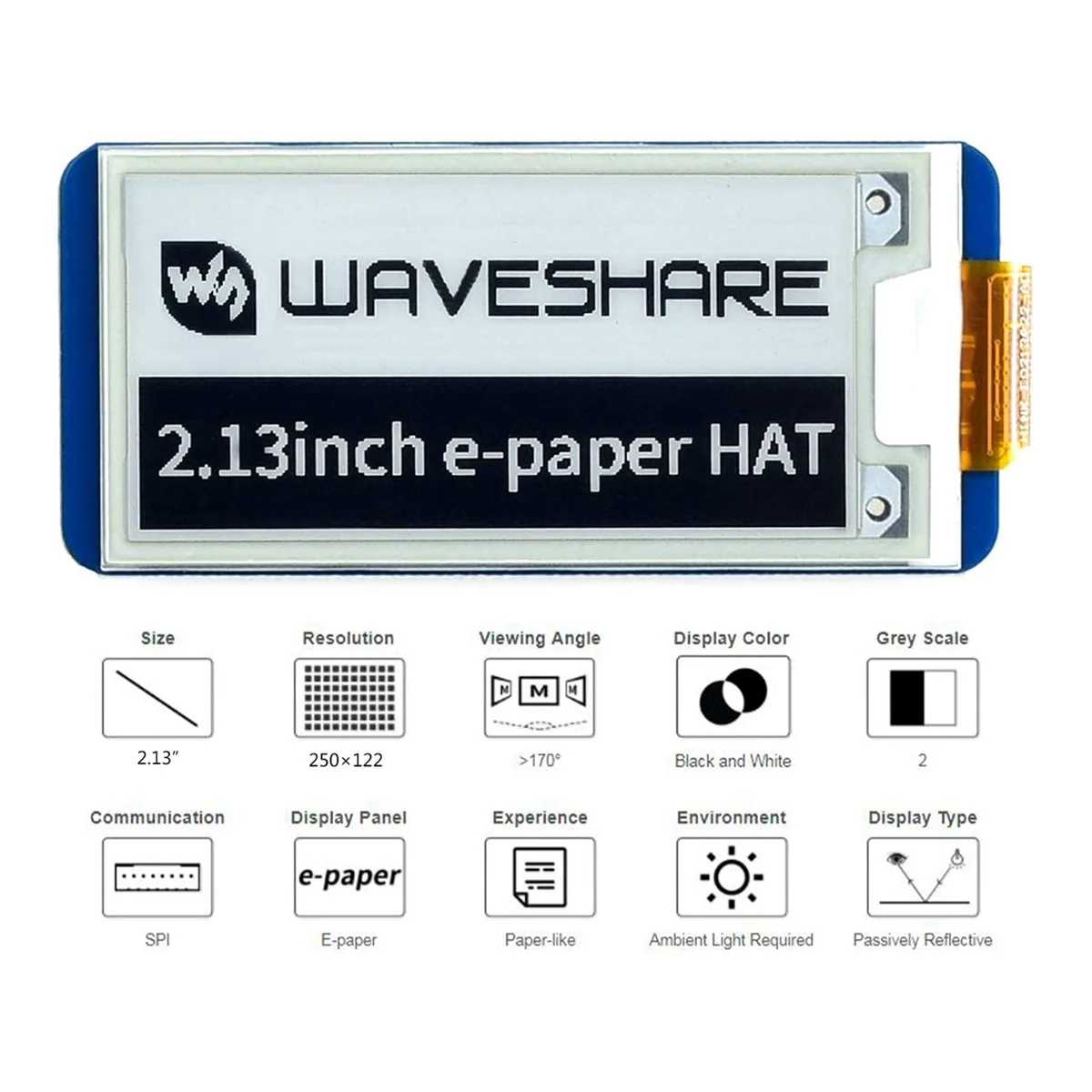 Waveshare Sombrero de pantalla de tinta electrónica de 2,13 pulgadas, negro, blanco, pantalla LCD de papel electrónico de dos colores de 250x122 píxeles para Raspberry Pi 4B/3B+/3B/2B/Zero