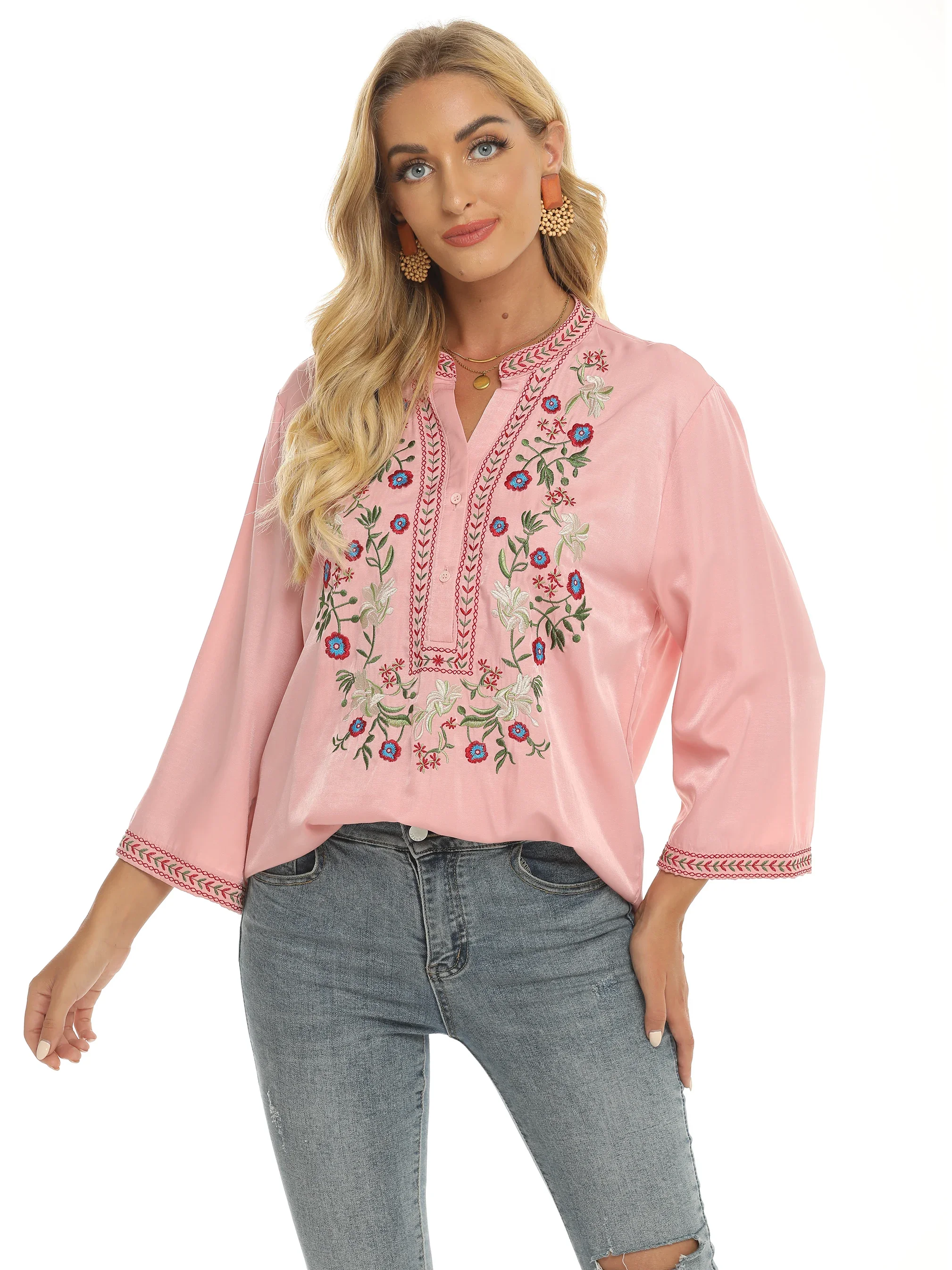 Eaeovni Ladies Loose Pullover Embroidered Shirts Plus Size Long Sleeve Tops Ladies Farmer Tops