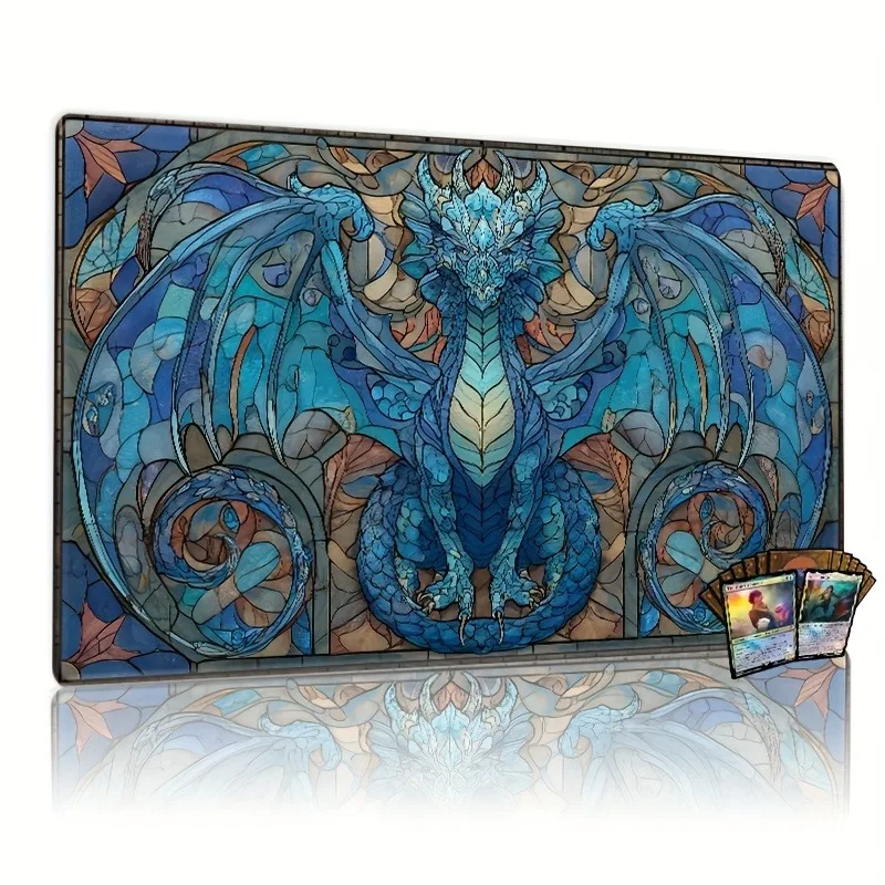 Colorful glass-style blue dragon game mat/mouse pad suitable for collectible card games - vivid blue dragon design