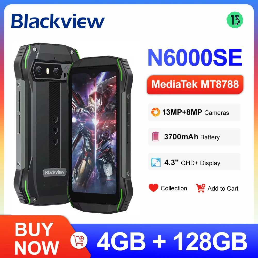 Blackview N6000SE 4.3'' Display Mini Smartphone MT8788 Octa Core  12GB(4+8) 128GB Cellphone 13MP 3700mAh Rugged Mobile Phone