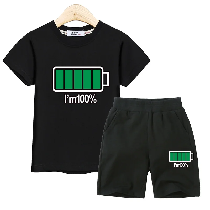 

2023 Summer Kids Set Battery Energy 100% Shorts T-shirt Boys Short Sleeve Clothing 2Pcs Suit For Children