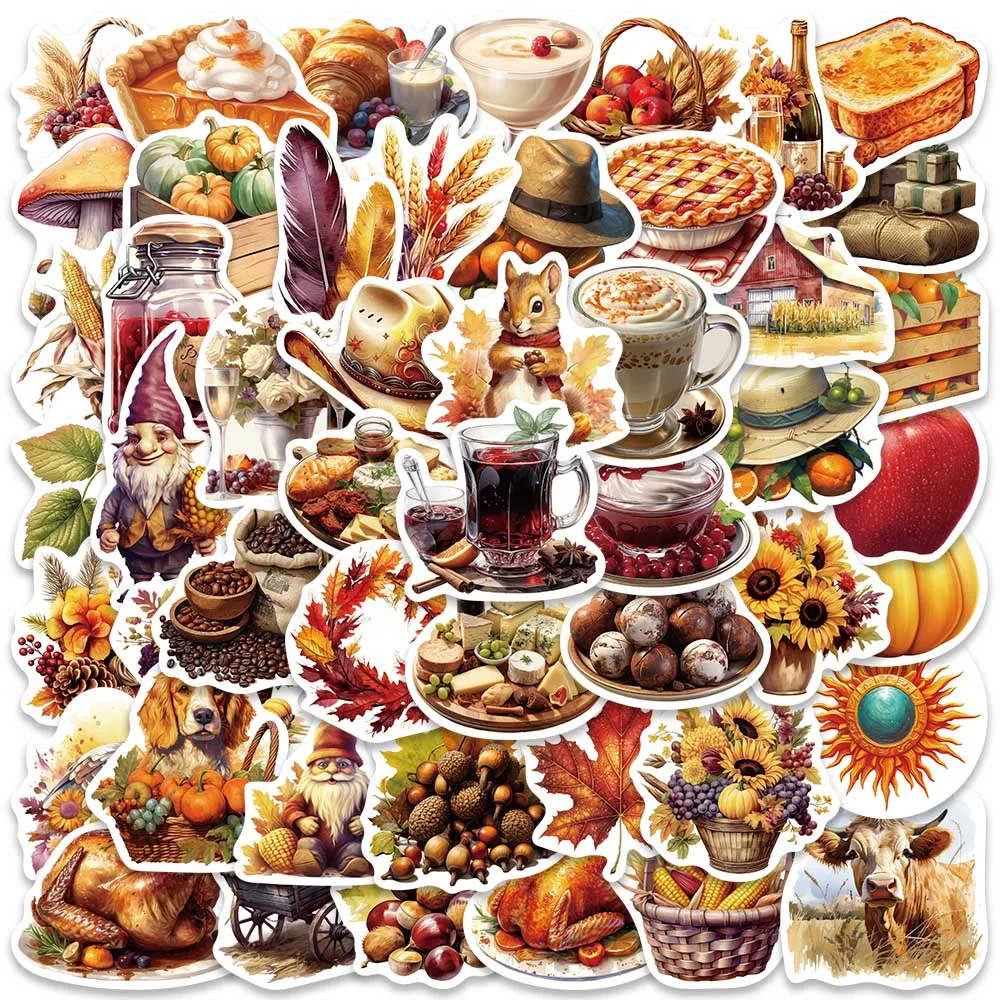 50pcs Retro Cartoon Foods Thanksgiving Day Stickers For Laptop Guitar Luggage Skateboard Waterproof Graffiti Vinyl Decals