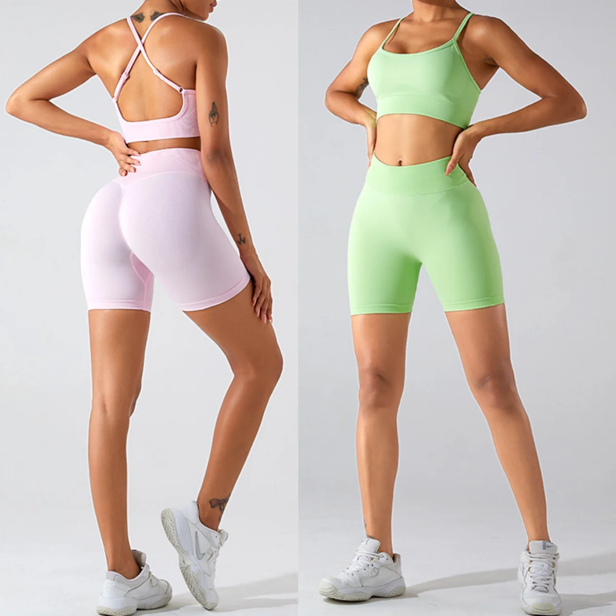 

New solid color work back seamless knitting bra belly compression shorts sports running fitness yoga 2 piece set workout set
