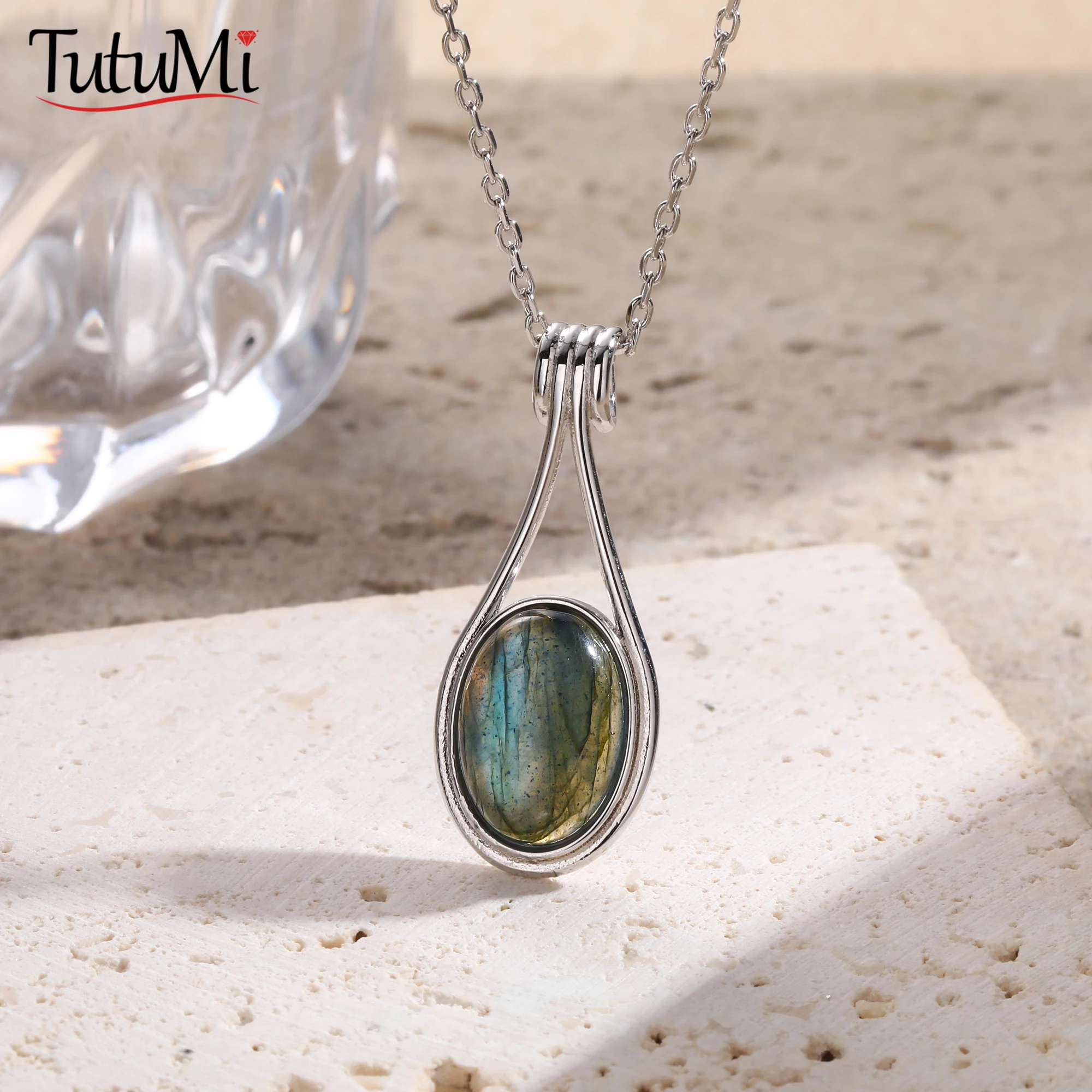 

925 Silver Natural Stone Necklace Pendant Labradorite Oval 10X14MM Simple Vintage Style Necklaces Jewelry Gifts for Women Men