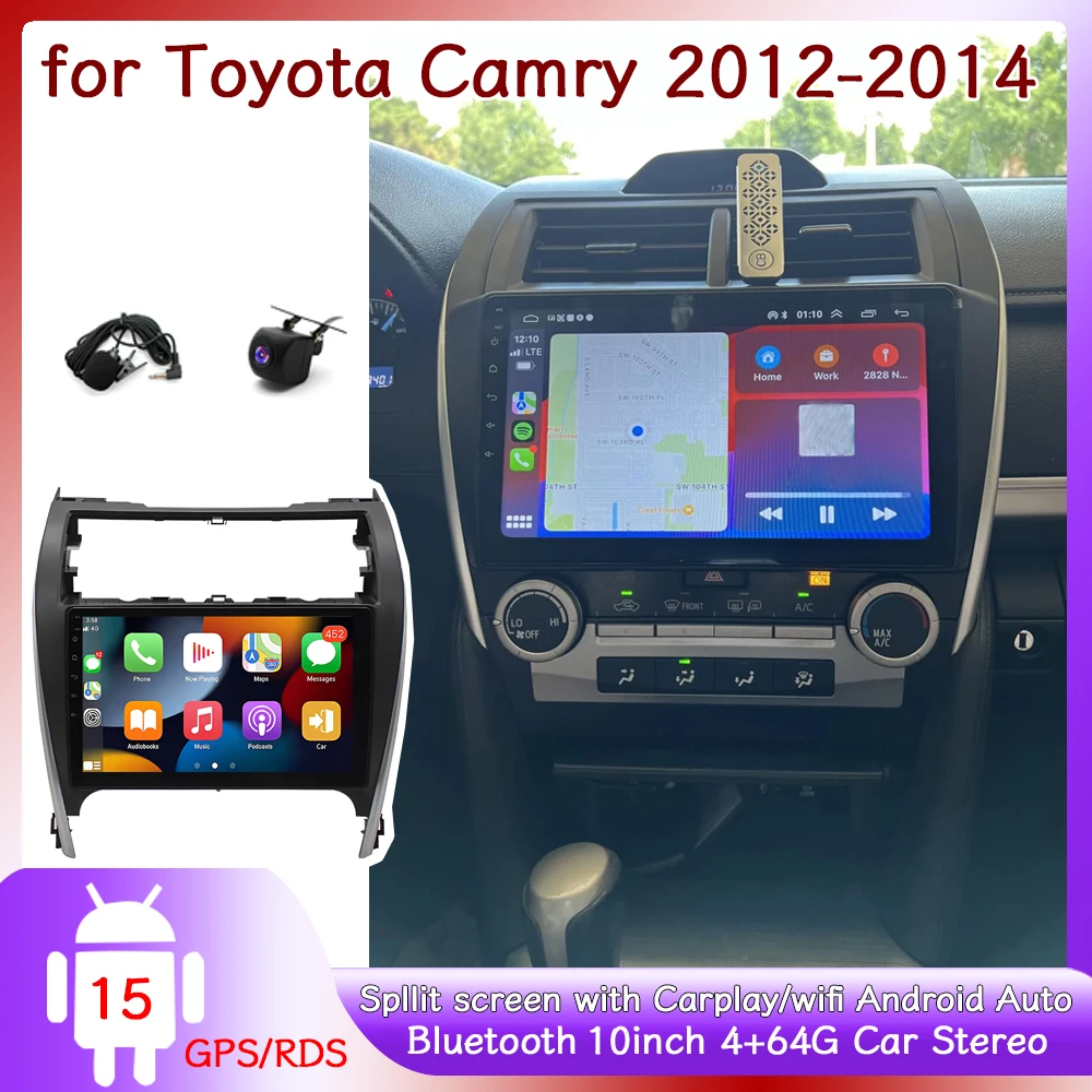 

4+64G 10inch Car Stereo Radio GPS Navigation for Toyota Camry 2012-2014 for Camry Altrise 2013 with Carplay Android Auto FM SWC