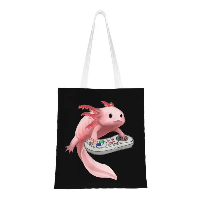 Axolotl Fish Playing Video Game Shopping Bag Women Shoulder Canvas Tote Bag Durable Axolotl Lizard Gamers Grocery Shopper Bags