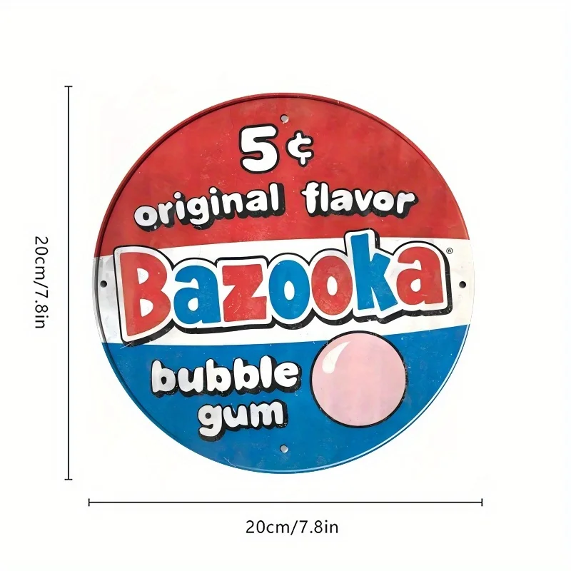 شعار Vintage Bazooka Bubble Gum - ديكور جدار حديدي مستدير 8 بوصة، نكهة أصلية، تصميم قديم، مثالي للحانات والمقاهي والنوادي، K #3