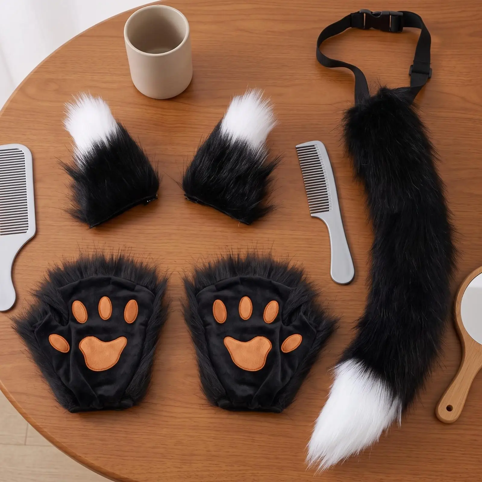 Furry Tail and Ears Set with Gloves Adjustable Headpiece Soft for Themed Parties