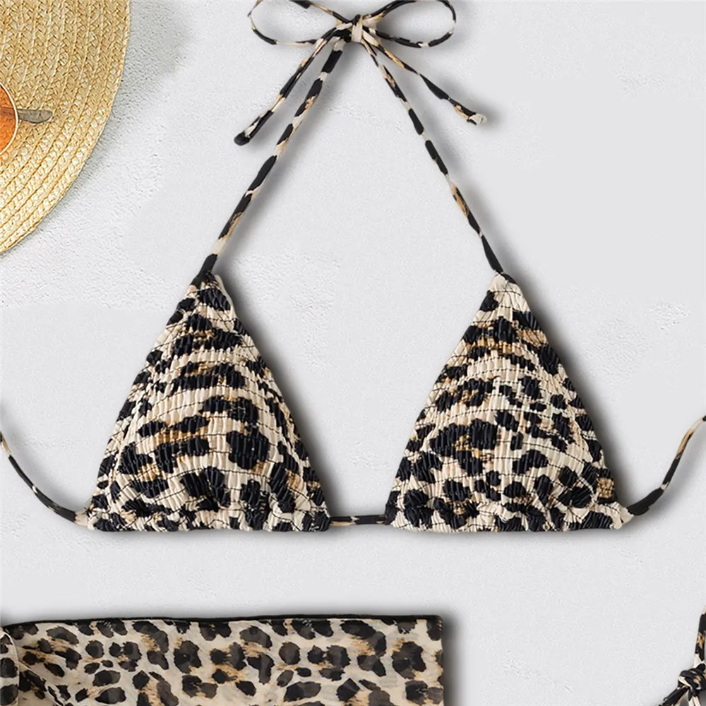 Leopard Print Micro Bikini Thong Cover Up String Halter Swimwear Women Sexy Swimsuit Bathing Suit 3 Piece Bikini Set Beachwear