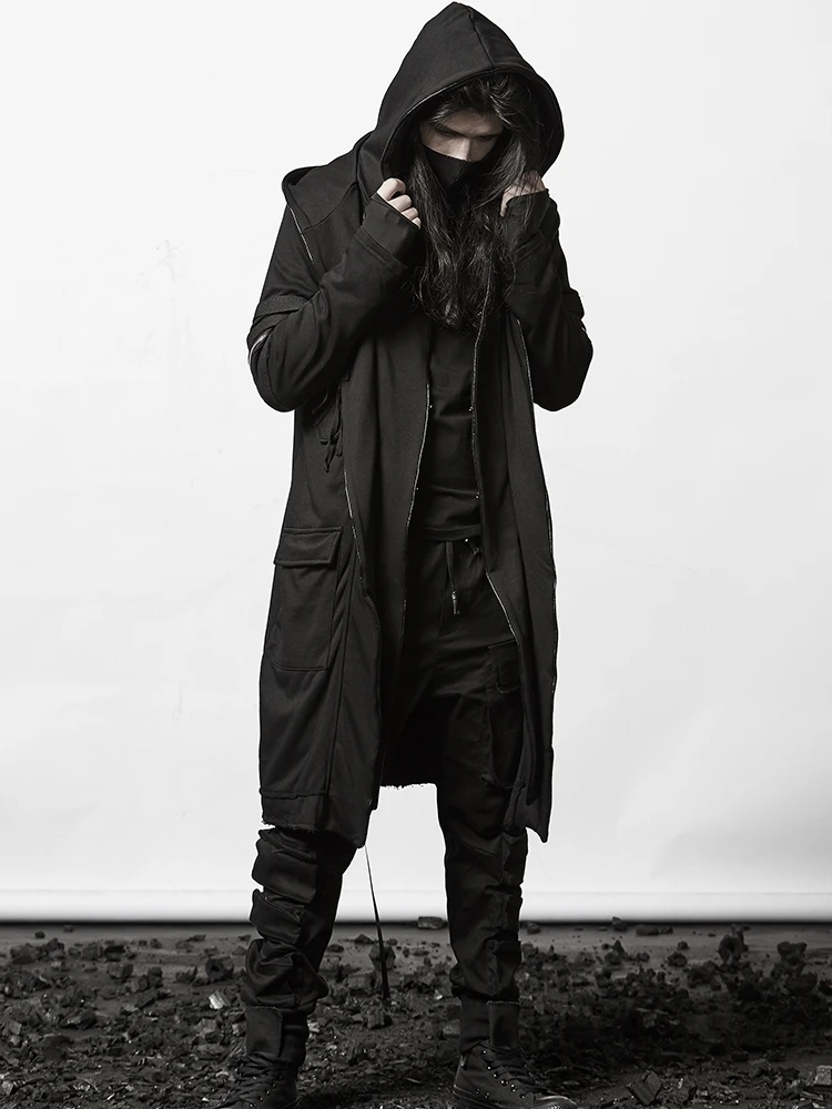 Dark Black Gothic Punk Long Coat men's New Trench Coat Japanese Yamamoto Toga Hooded Coat