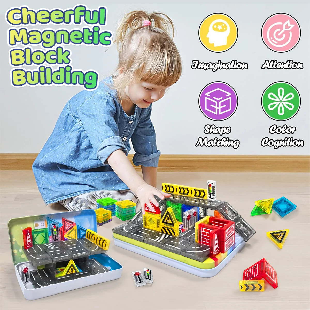 Ensemble de Construction de route magnétique, jouets pour enfants, blocs de Construction magnétiques, jouets éducatifs Montessori avec boîte en fer, 32/64 pièces