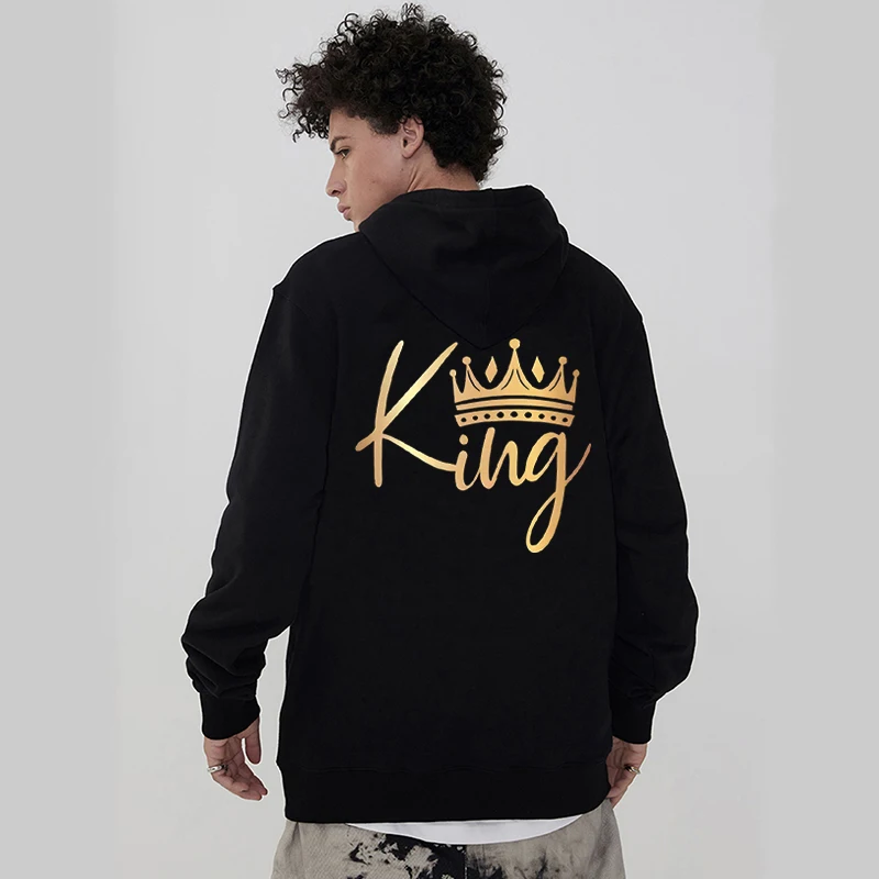 Casual Spring Pullovers for Lovers Matching Sweatshirt Golden Crown Print King Queen Hoody Couple Long Sleeve Hoodie Men Women