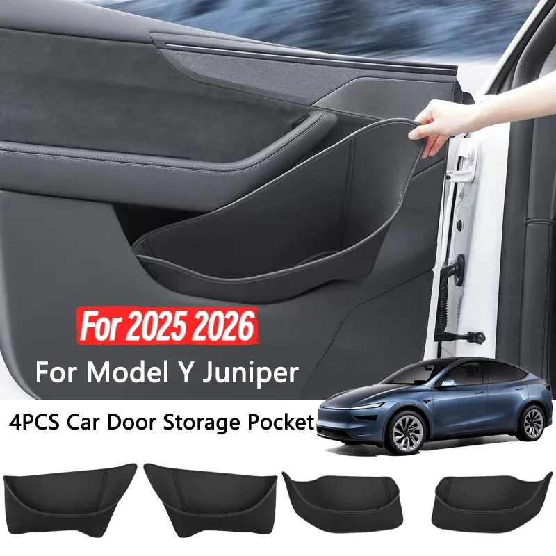Car Door Side Storage Box For Tesla Model Y Juniper Leather Full Cover Front Rear Door Handel Pocket Organizer Tray Accessories