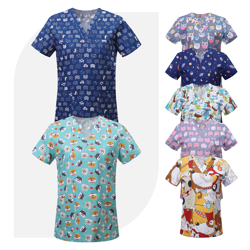 Uniformes de enfermera con estampado para mujer, blusa médica con cuello en V de manga corta, monos de trabajo, enfermería, Spa, Odontología de mascotas