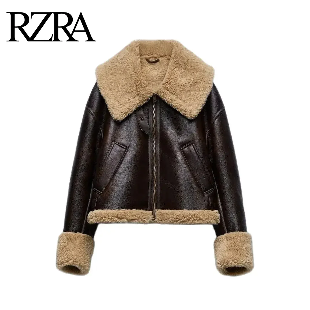 RZRA2024 autumn and winter new women's street style fur and leather double-sided short fleece jacket coat leather jacket