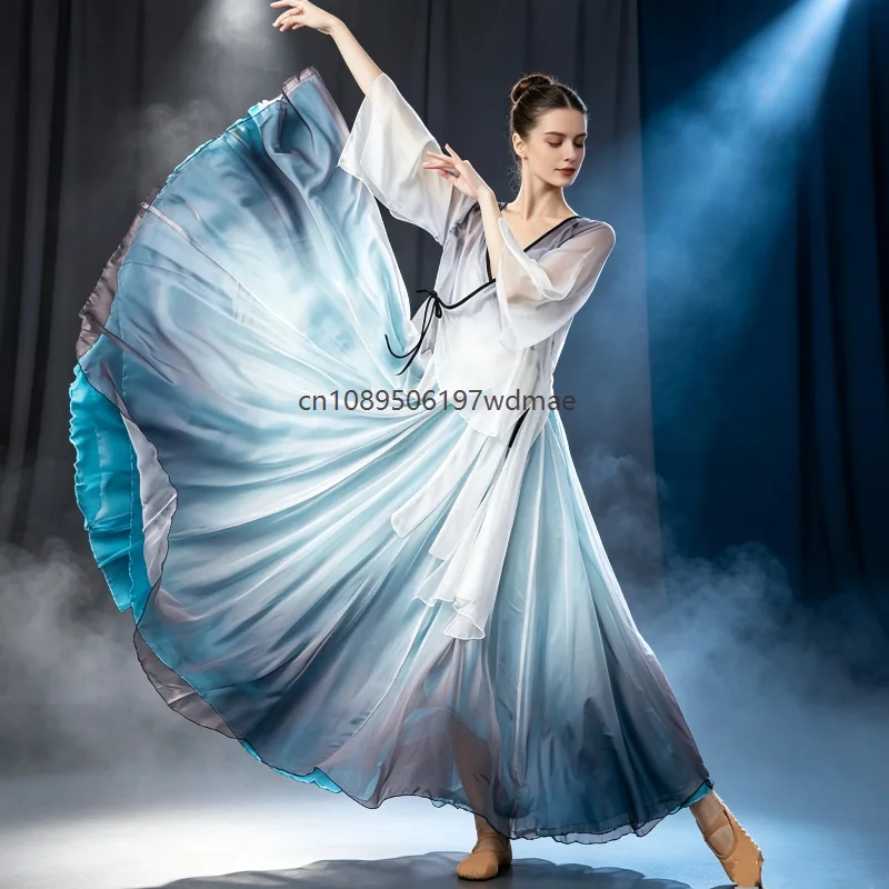 Women Elegant Classical Dance Gradient Practice Costume Flowing Big Swing Skirt Modern Folk Dance Party Stage Performance Outfit