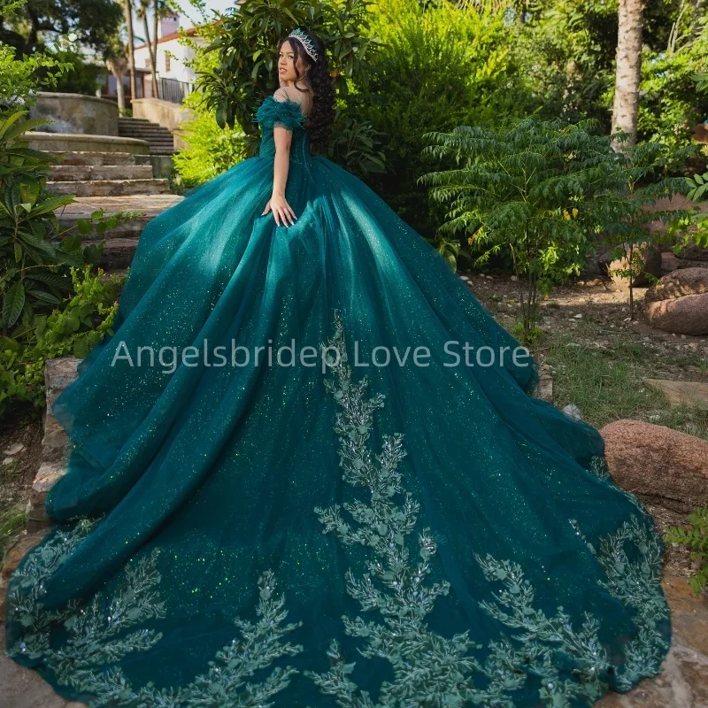 ANGELSBRIDEP Blackish Green Ball Gown Quinceanera Dresses With Glitter Tulle Graduatin Evening Party Dress Vestido De 15 Años