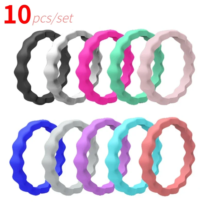 10pcs/set Fashion Wave Silicone Rings Stackable Thin Rubber Flexible Wedding Rings Hypoallergenic Finger Jewelry Party