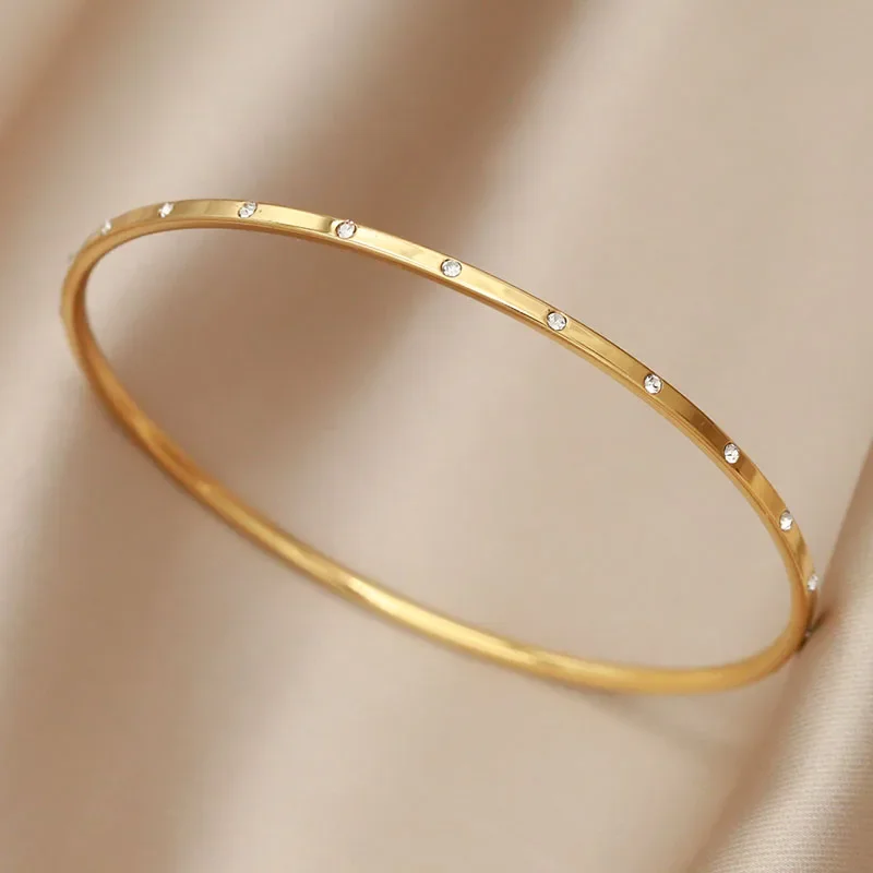 Stainless Steel Metal Simple Crystal Closed Bangles&bracelets for Women Fashion Brand Jewelry Thin Bangles Accessories