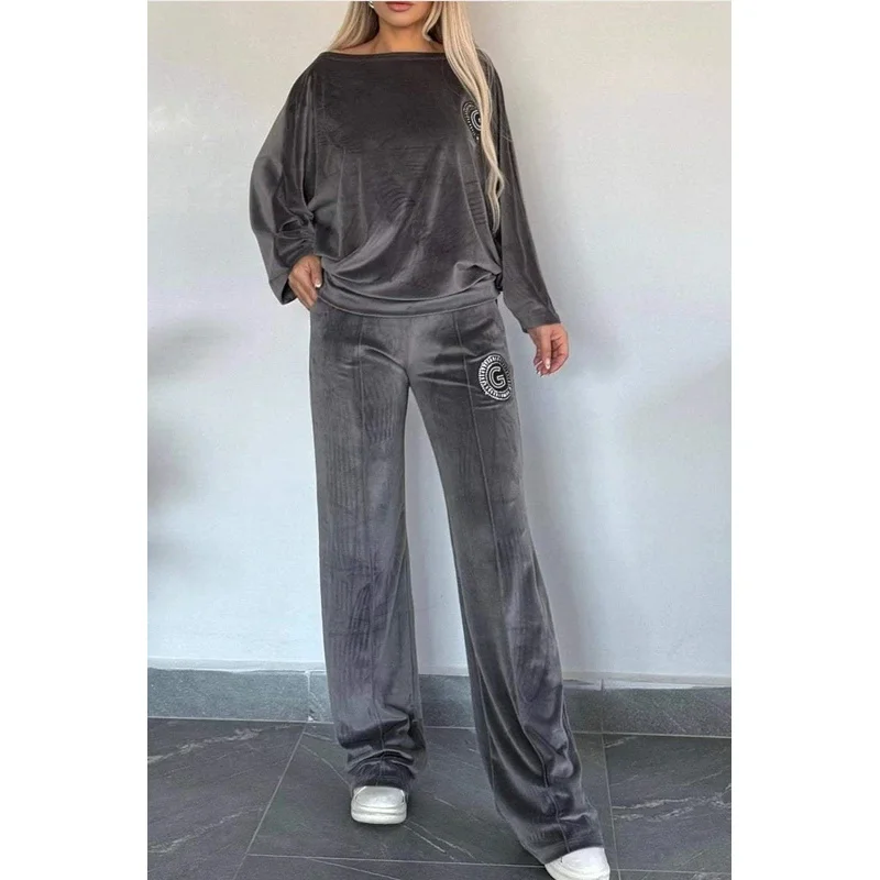 العصرية المرأة قطعتين الدعاوى الخريف الشتاء الذهبي المخملية الصلبة س الرقبة الخفافيش كم عادية موضة جديدة قبالة الكتف 2 قطعة مجموعة #2