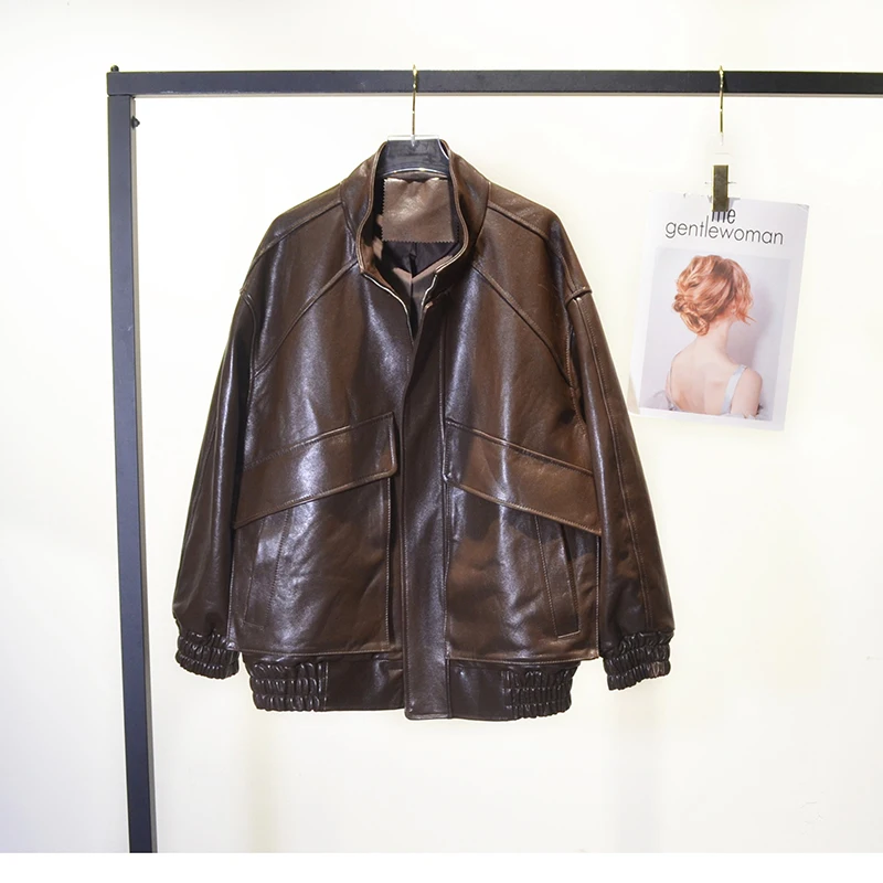 Vintage echte leren jas herfst winter vrouwelijke plantaardig gelooide schapenvacht korte bovenkleding oversize vriendje stijl bomberjack