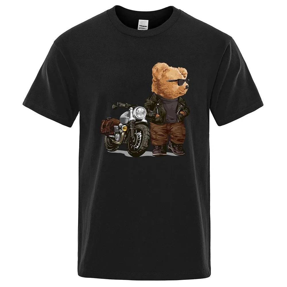 Motorcycle Teddy Bear Wearing Sunglasses Handsome T-shirt Boys and Girls Fun T-shirt Clothing Cotton Hip-hop Casual T-shirt