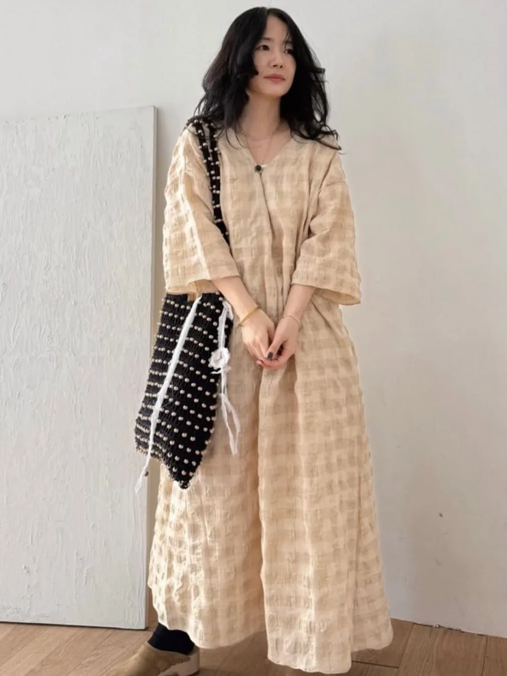 

Summer New Sle Lazy Texture Contrast Color Plaid Dr Women Loose Long Skirt ort Sve Single Piece Other Material 00%
