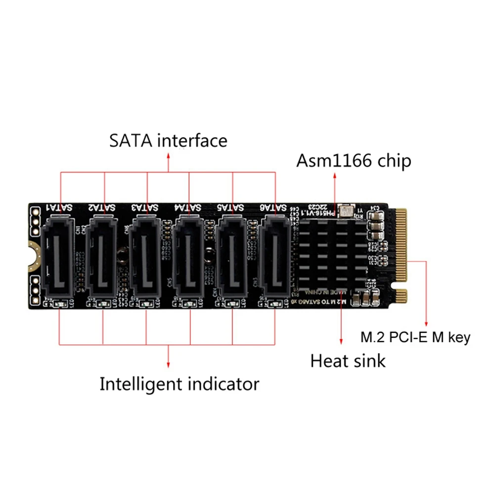 Tarjeta elevadora M.2 MKEY PCI-E, tarjeta de expansión M.2 NVME a SATA3.0 PCIE a SATA 6gpbsx6, Puerto ASM1166, compatible con función PM