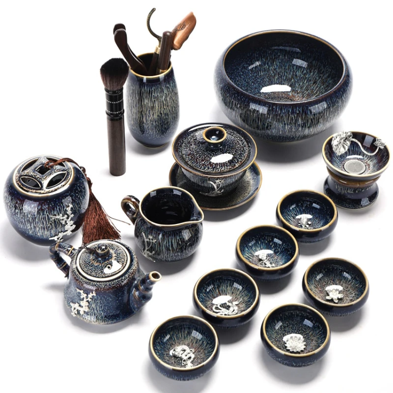 

Connaught Jianzhan inlaid gilt silver tea set household ceramic obsidian stone floating pot tea ware tea cup tea ceremony