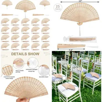 zoofox 25dílné santálové vějíře, dřevěný ruční skládací vějíř se střapci a dárkovými taškami, vintage ruční vějíř na svatební dárky 6 nejlepší prodej dřevěný ruční vějíř - №1