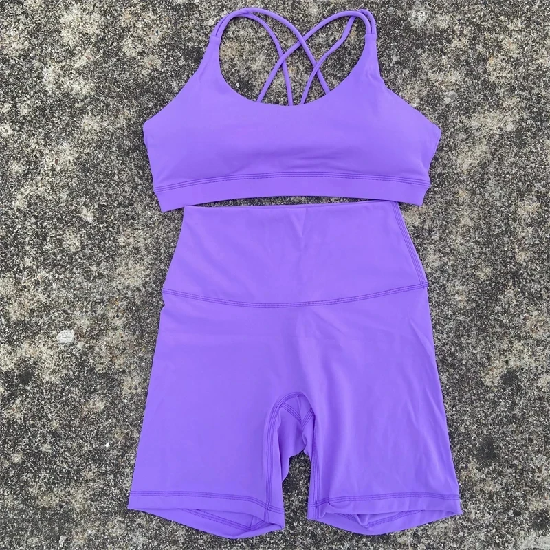 Solid Color Soft Women Gym Yoga Short Cycling Set Cross Back Gym  Bra+High Waist Short Leggings High impact shockproof Sportwear image 5