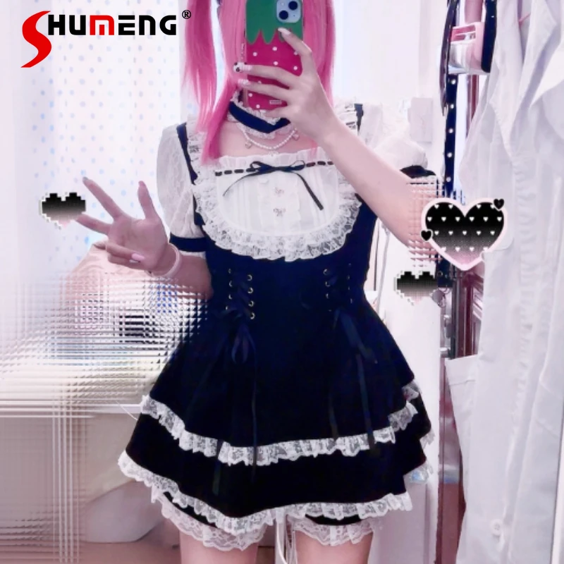 

Summer New Y2k Necklace Drool Pocket Outfits Japanese Sweet Cute Lolita Short Sleeves Lace Up Shirt Shorts Two-Piece Suit Girls