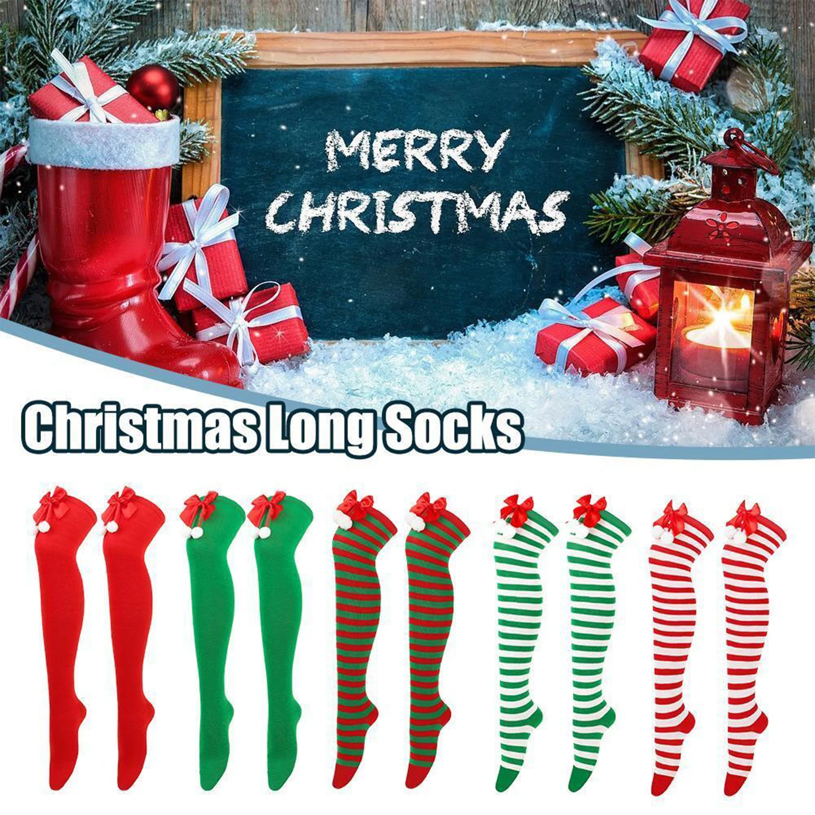 Christmas Bowknot Long Socks Warm Comfortable Striped Middle Tube Socks Ankle Socks for Women Teens Girls