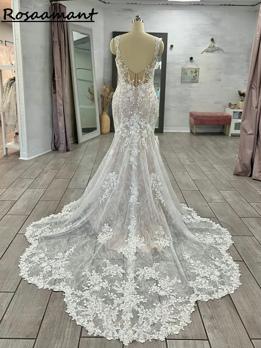 Очаровательные бретельки с разрезом по бокам, свадебные платья русалки, иллюзия, аппликации, кружевные деревенские свадебные платья